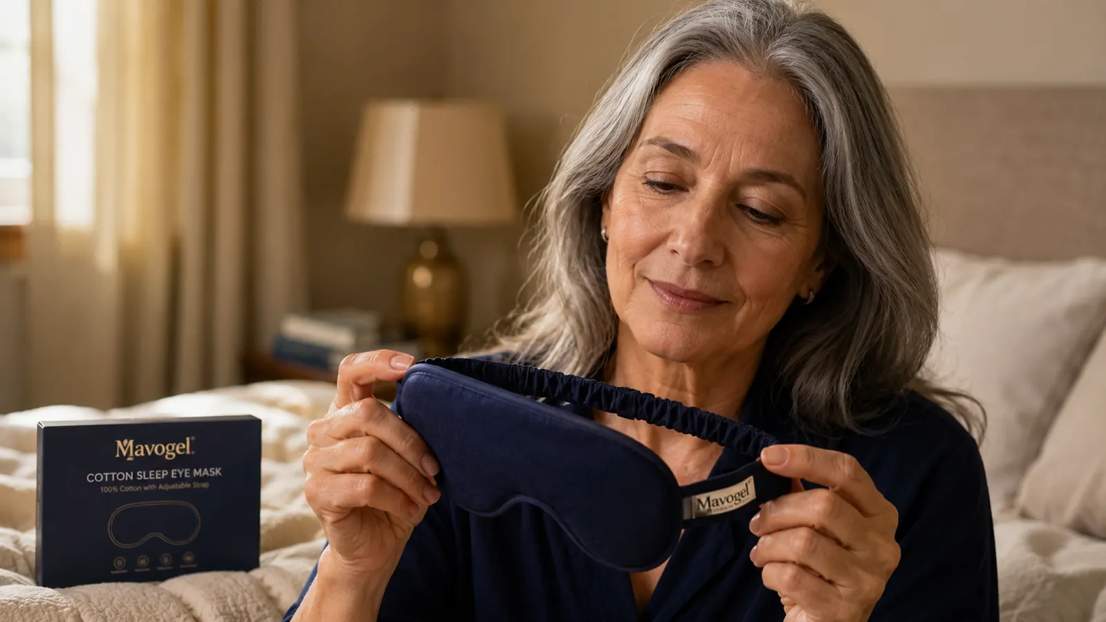 Close-up of the Mavogel cotton sleep mask showing the adjustable strap and nose-bridge wing design