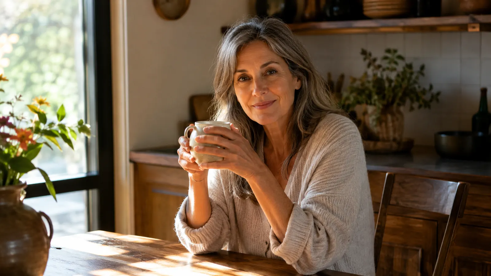 A woman in her late 50s sitting at a kitchen table with a mug of coffee, looking rested and relaxed in morning light