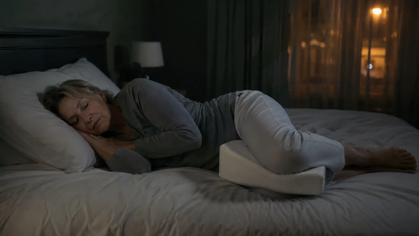 Woman side-sleeping with a knee pillow between her legs, bedroom lamp off, relaxed posture