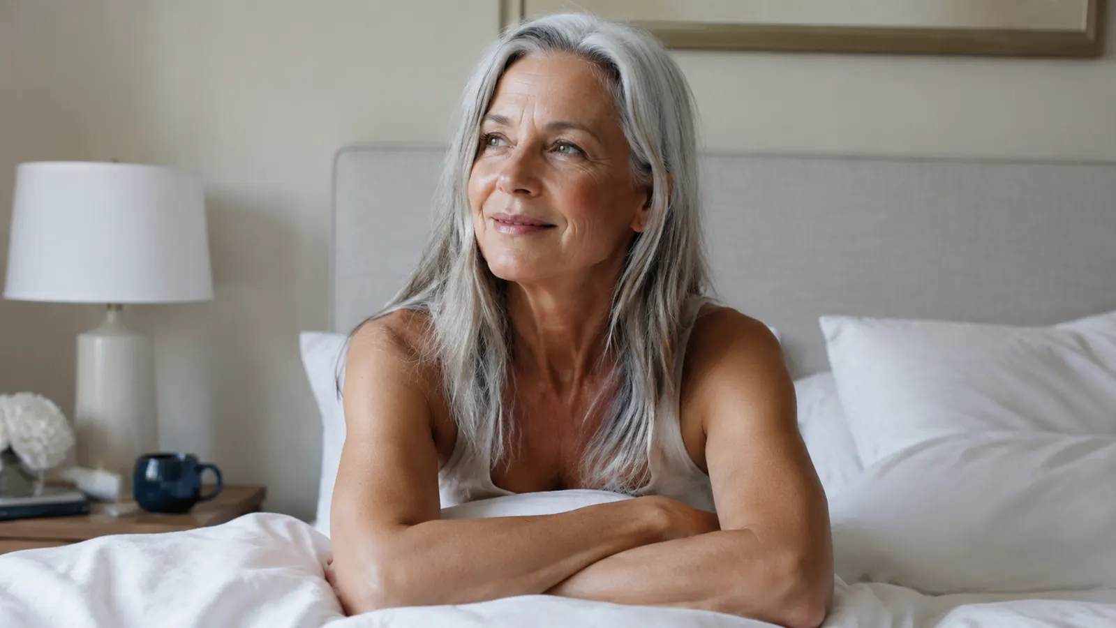 Woman sitting up in bed in morning light, looking rested and comfortable