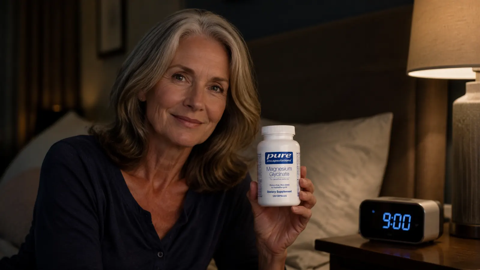 Pure Encapsulations Magnesium Glycinate bottle held in a woman's hand next to a nightstand clock showing 9 p.m.