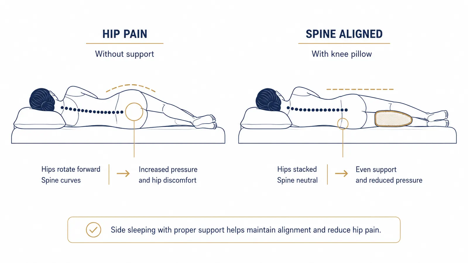 Diagram showing correct side-sleeping spine alignment with knee pillow versus misaligned position without it
