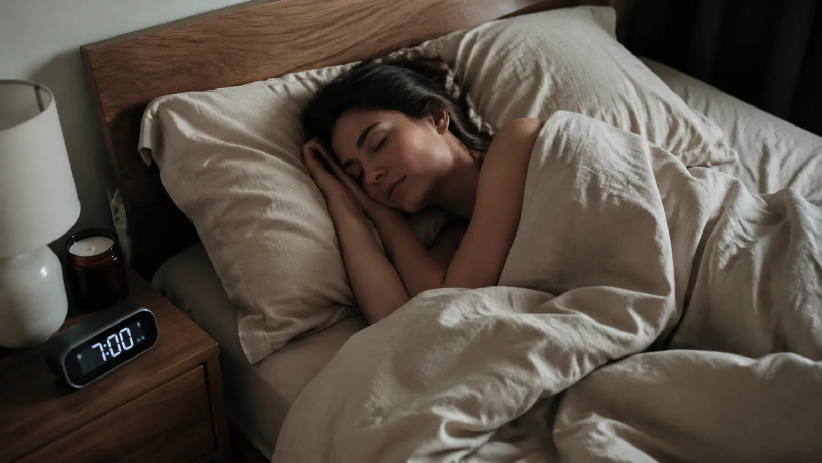 Woman sleeping soundly in a dark bedroom, relaxed face, thick blanket pulled up, alarm clock showing 7 a.m.