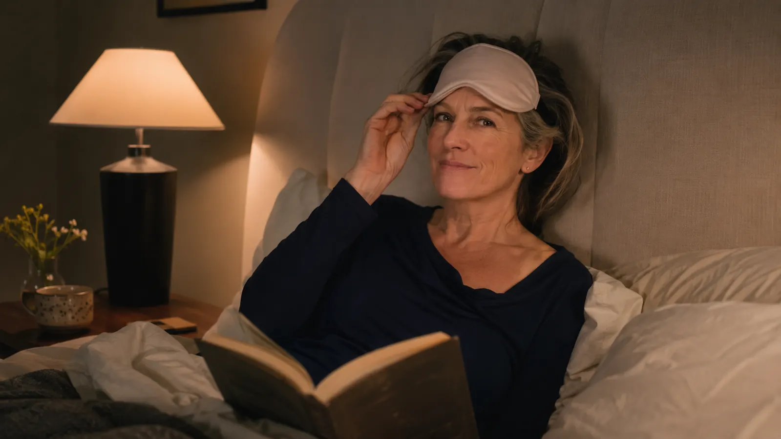 Woman wearing the Mavogel sleep mask while reading in bed before putting on the mask to sleep, bedside lamp on