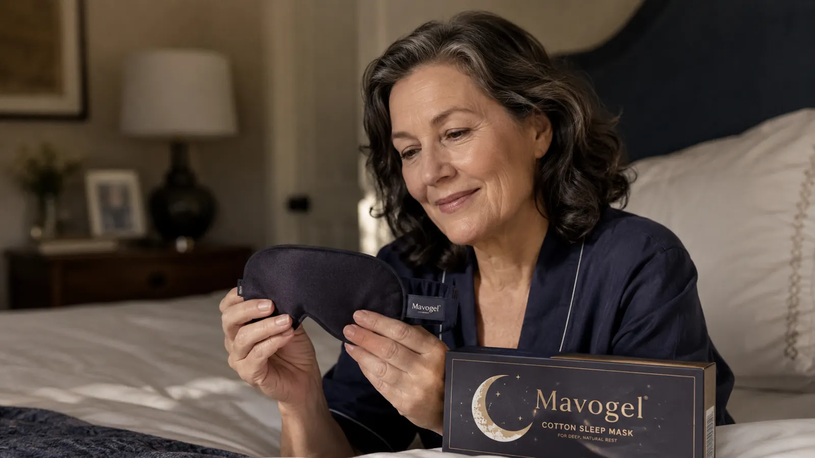 The Mavogel sleep mask laid flat on a white surface next to a silk sleep mask for size and thickness comparison