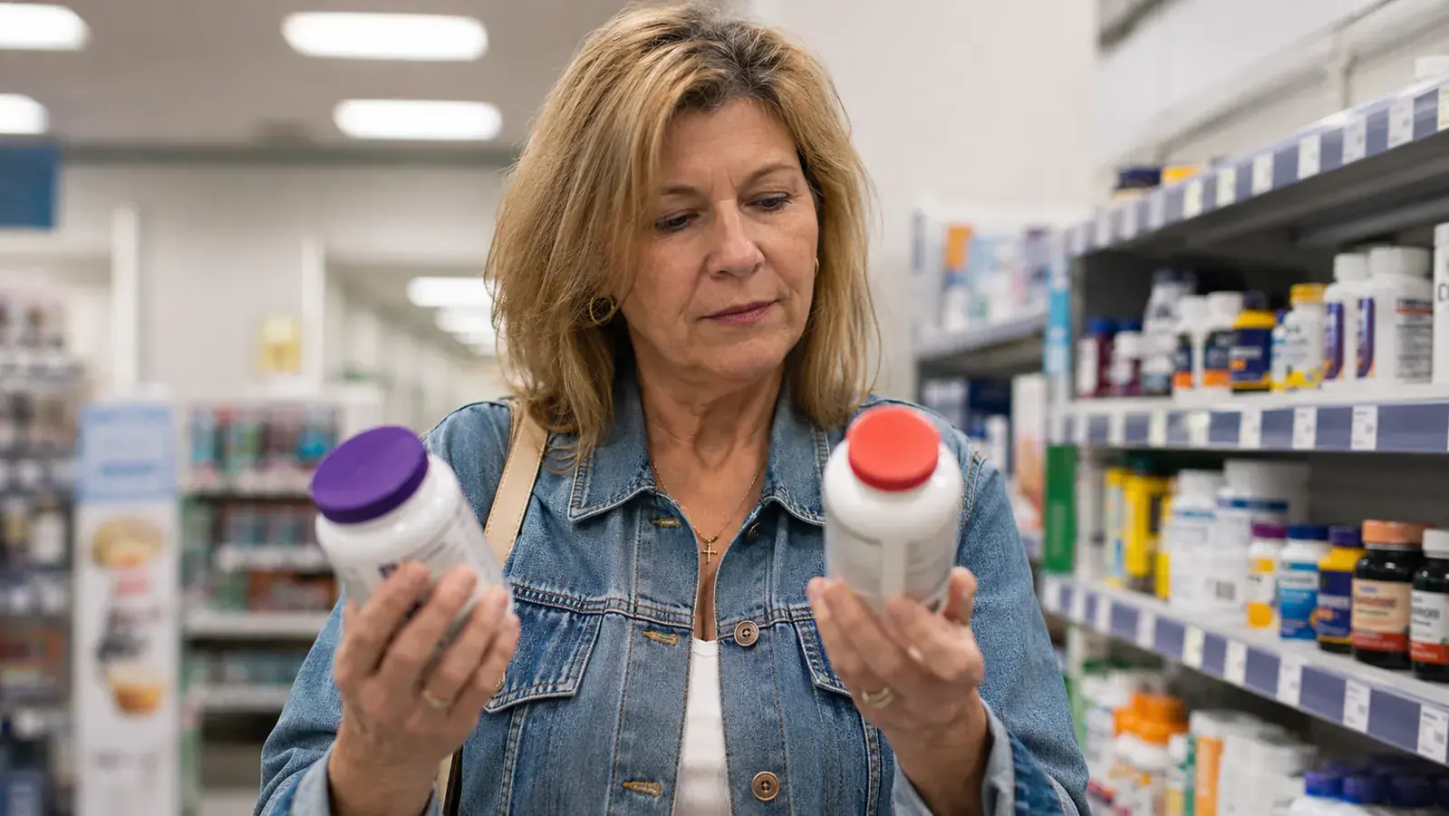 Woman at a pharmacy shelf comparing two magnesium supplement bottles, thoughtful expression