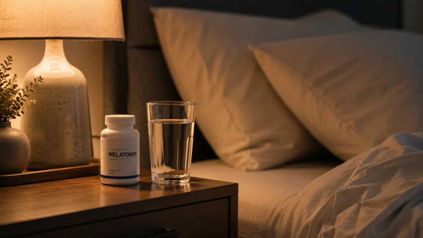 Peaceful nighttime bedroom scene with a supplement bottle and water glass on a nightstand, dim lamp glowing softly