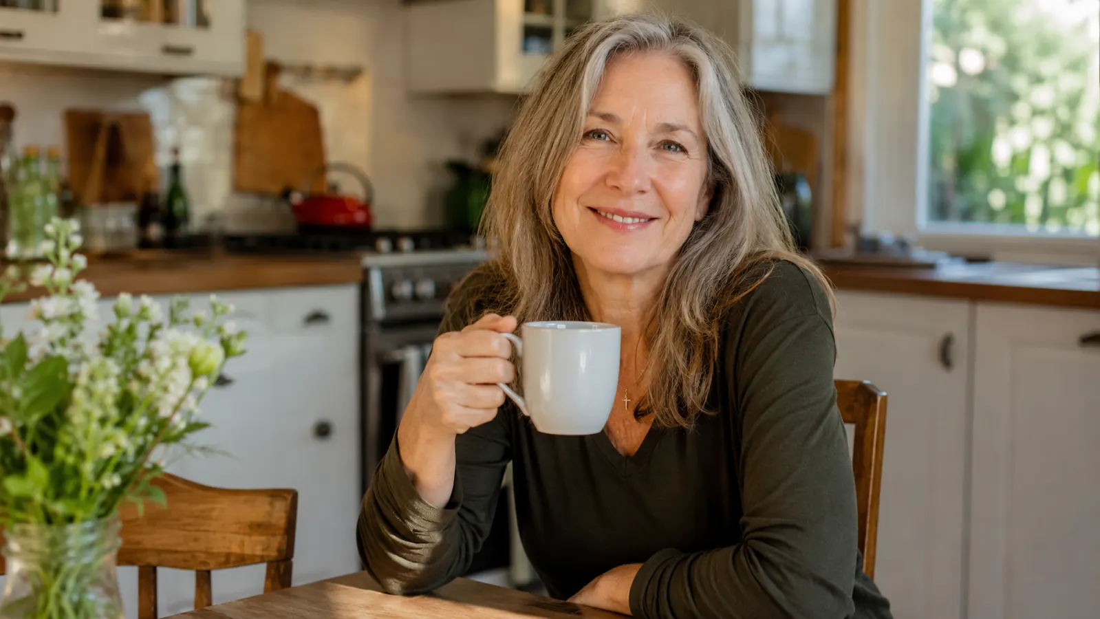 Woman sitting at a kitchen table with a warm mug of coffee, relaxed and rested, morning light soft behind her