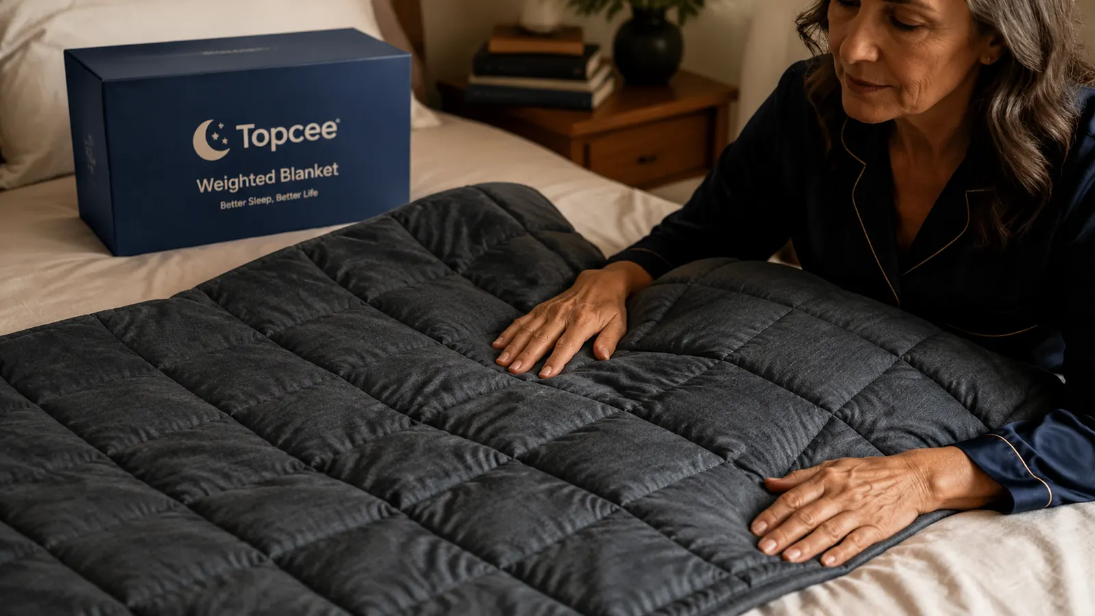 Close-up of the Topcee weighted blanket laid flat showing the grid-stitched square pockets and textured cooling fabric
