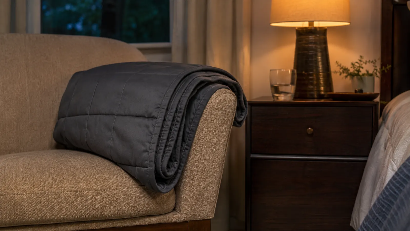 A weighted blanket folded neatly on a chair next to a nightstand with a glass of water and a small lamp