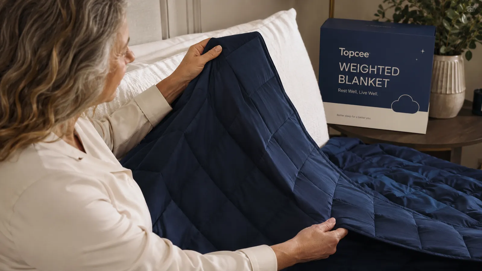 Close-up of a grey weighted blanket corner showing the grid of glass bead pockets, hands pulling back the fabric