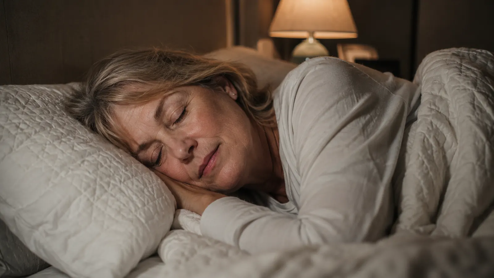 Woman lying in bed with eyes closed, clearly relaxed and asleep, nightstand lamp dimmed low in the background