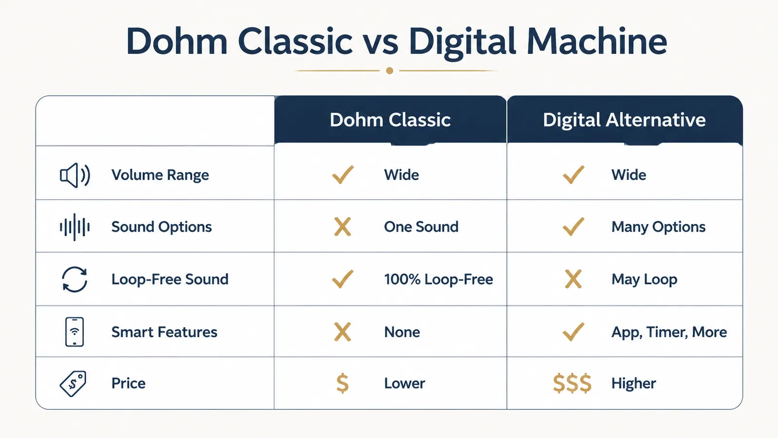Side-by-side comparison chart of Dohm Classic versus a digital white noise machine on volume range, sound variety, and price