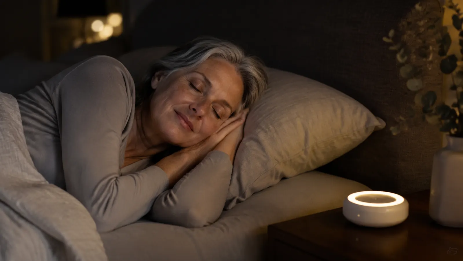 Woman sleeping peacefully in a dark bedroom with a white noise machine on the nightstand